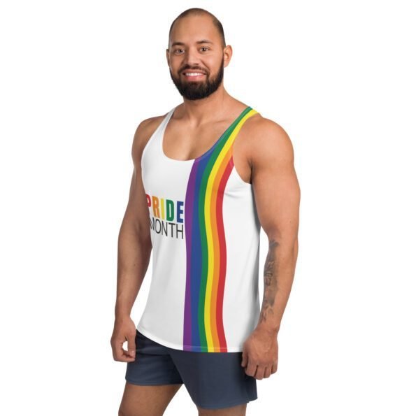 A Man wearing colorful Teeslo Pride tank top