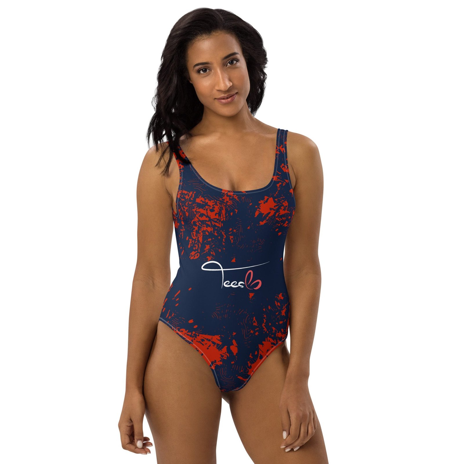 A person of any body type wearing a colorful, personalized one-piece swimsuit, smiling confidently while swimming in the ocean.